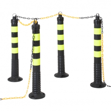 Vue générale du kit de 4 balises flexibles + 1 chaîne de 25 mètres - Noir et jaune