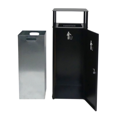 Vue avec bac de la poubelle urbaine aspect bois 60 Litres LISA