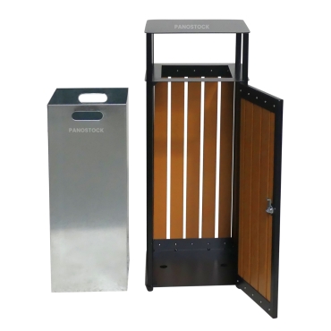 Vue avec le bac de la poubelle extérieure carrée aspect bois 60 Litres KOA
