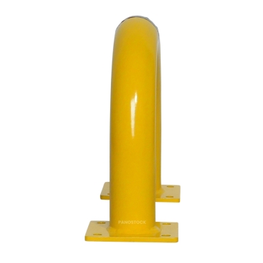 Vue de profil du petit arceau de protection en acier jaune et noir sur platine diamètre 76 mm