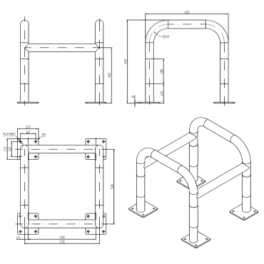 Schéma de l'étrier modulable L600 x L600 x H600 mm sur platines jaune et noir