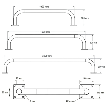 Dimensions des déclinaisons de l'arceau bas de protection industriel sur platines